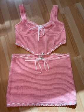 For Love And Lemons Pink Crochet Skirt Set